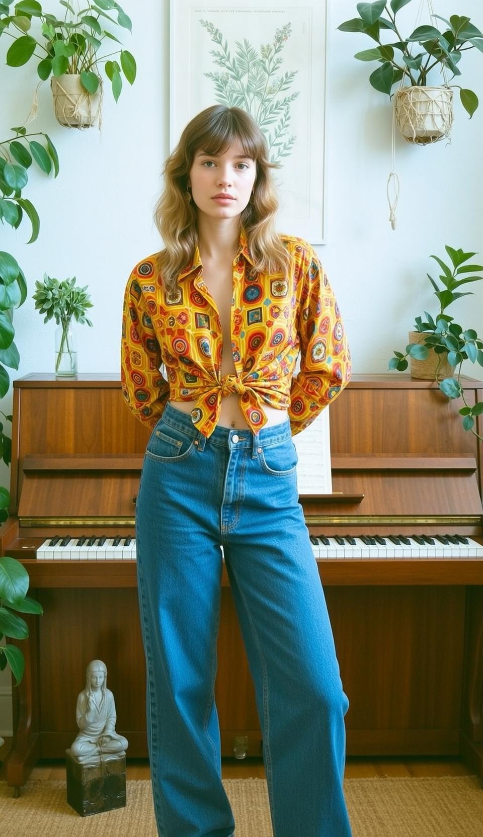 Yellow Shirt Blue Jeans Vintage Piano