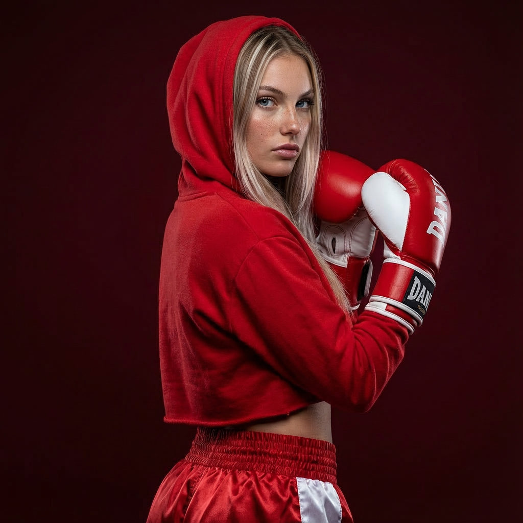 A woman in a red cropped hoodie and shiny red shorts poses with boxing gloves, showcasing strength against a dark red background.