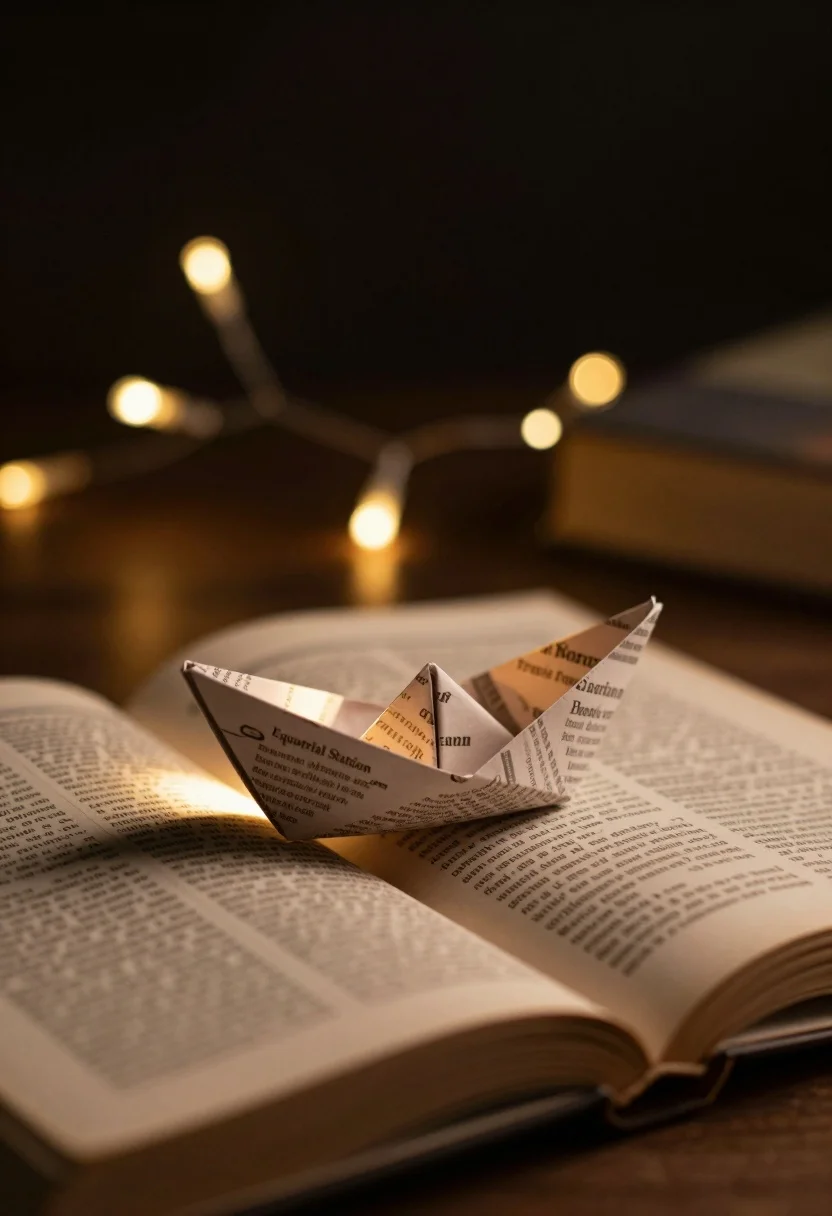 Small Origami Boat Made From Printed Page Rests The Open