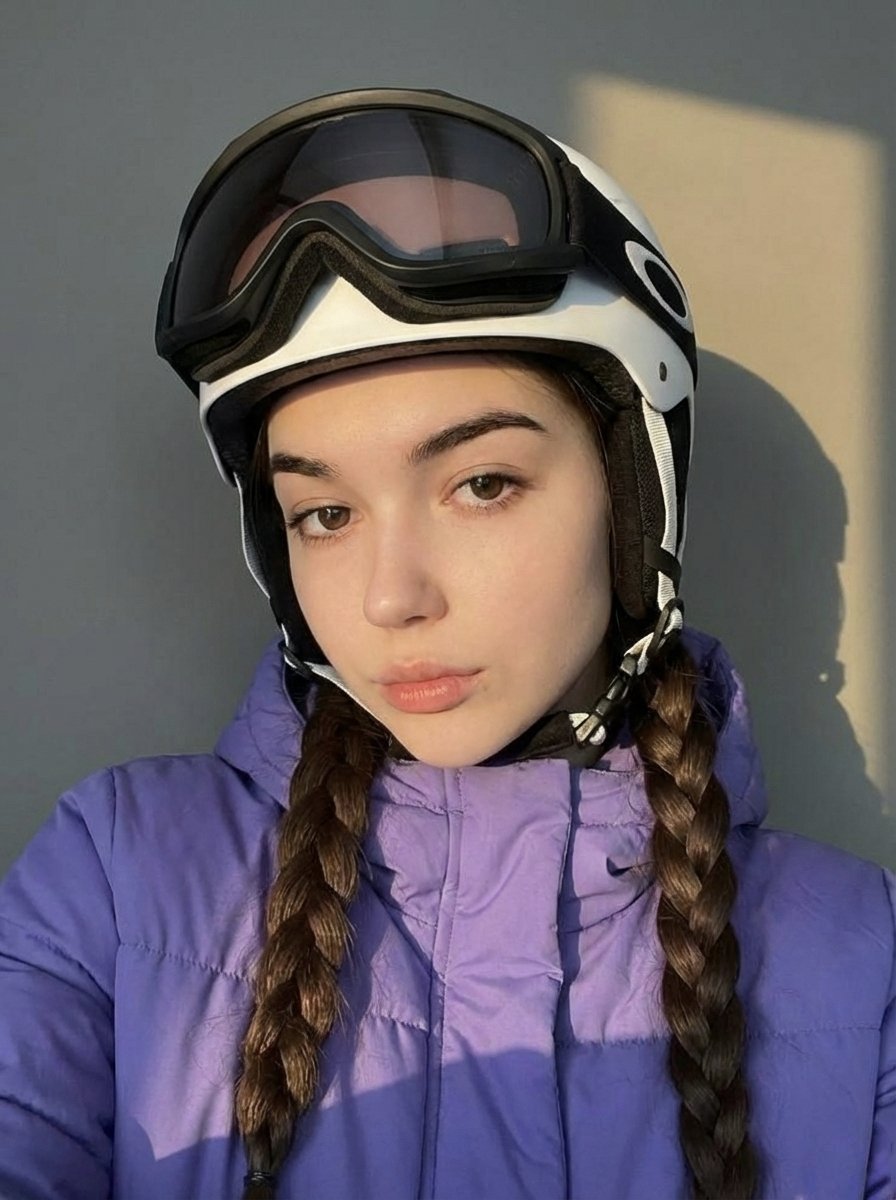 A realistic cat wearing a violet jacket, ski goggles, and dark brown braids, showcasing detailed fur and natural pose.