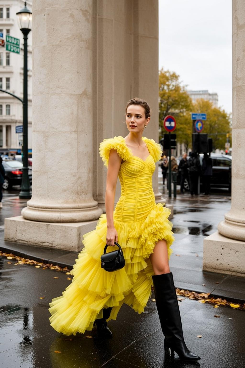 Yellow Dress Walking Wet City Street Fashion