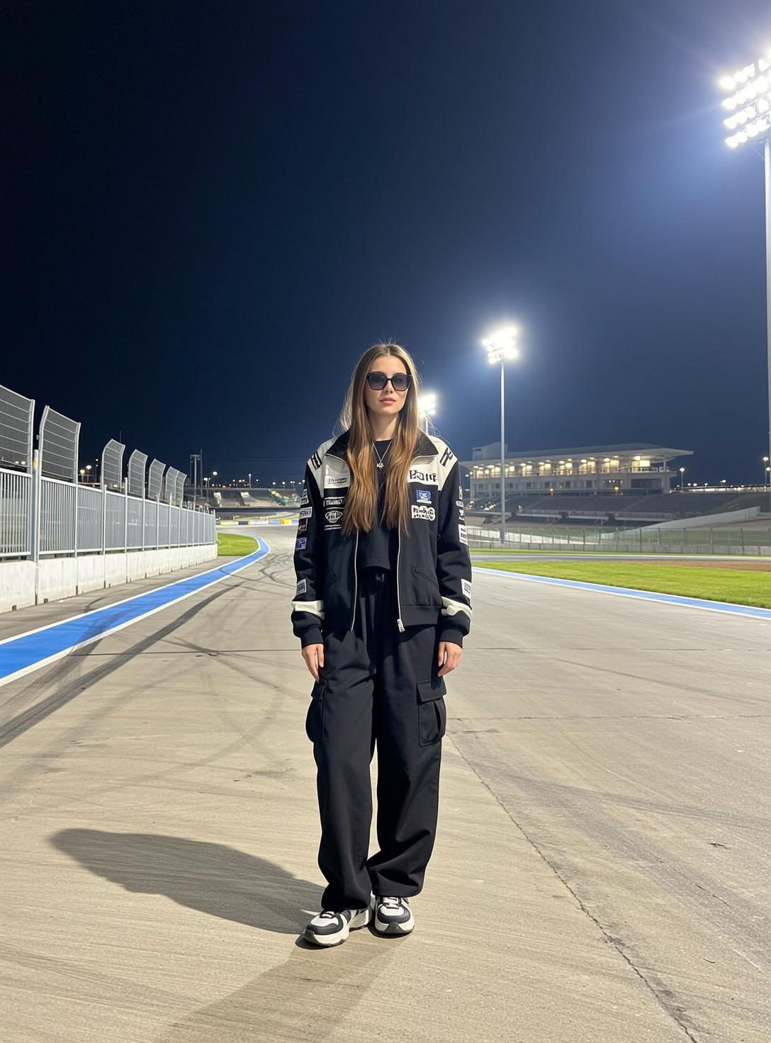 Blonde Woman Black Racing Jacket Racetrack Night