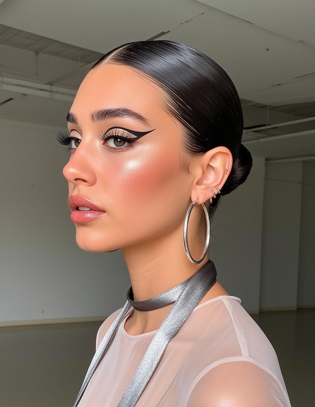 Photorealistic Portrait Young Woman With Dark Slicked-back Hair Pulled Into