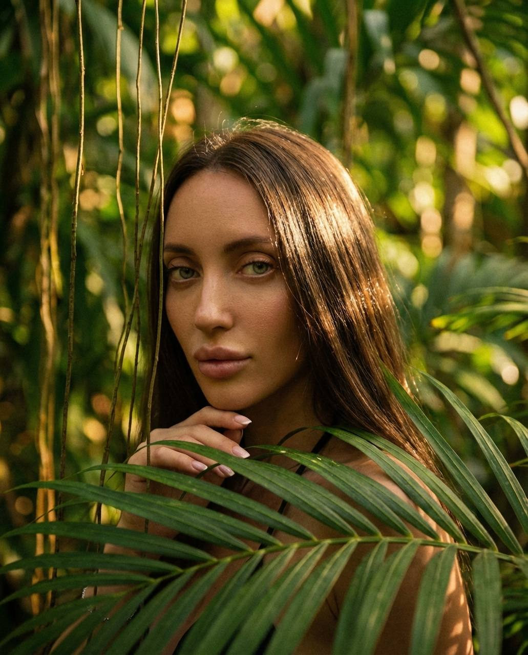 A confident woman looking over her shoulder in a tropical forest, surrounded by green leaves, with soft golden sunlight highlighting her features.