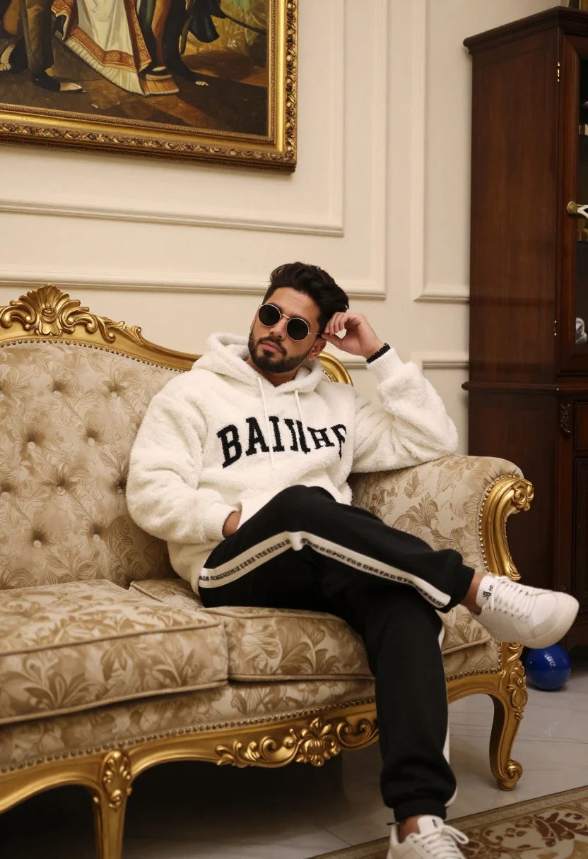 Man Sits Casually Ornate Gold-framed Sofa Stylish Interior Subject Man