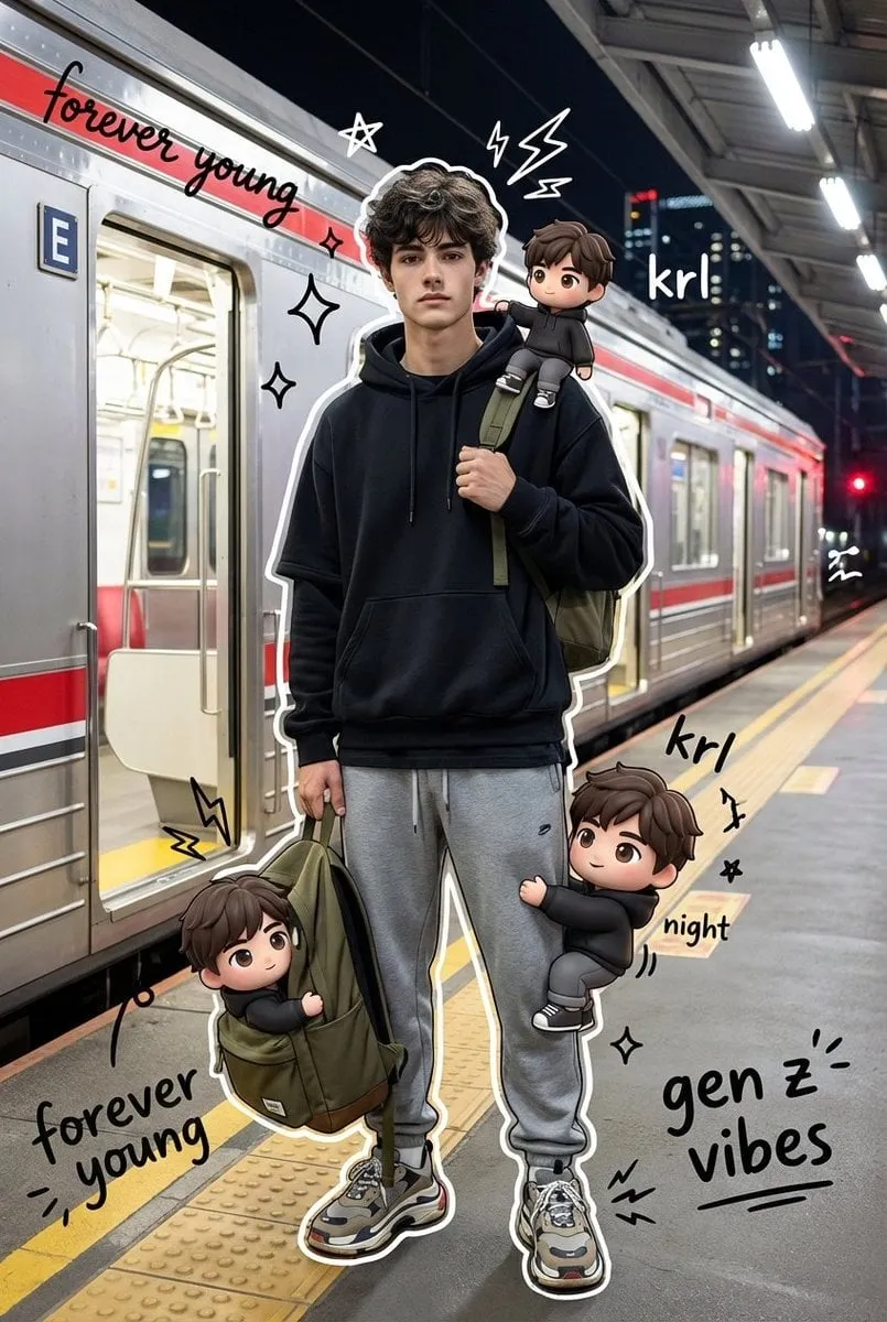 Trendy Man Train Station Night Cinematic Lighting Chibi Versions