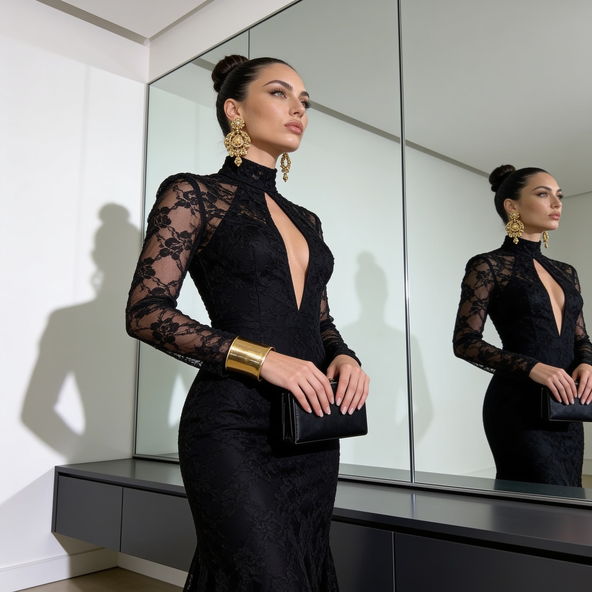 Photorealistic black lace gown mirror portrait preview with the reviewed outfit, pose, setting, lighting, and camera framing.