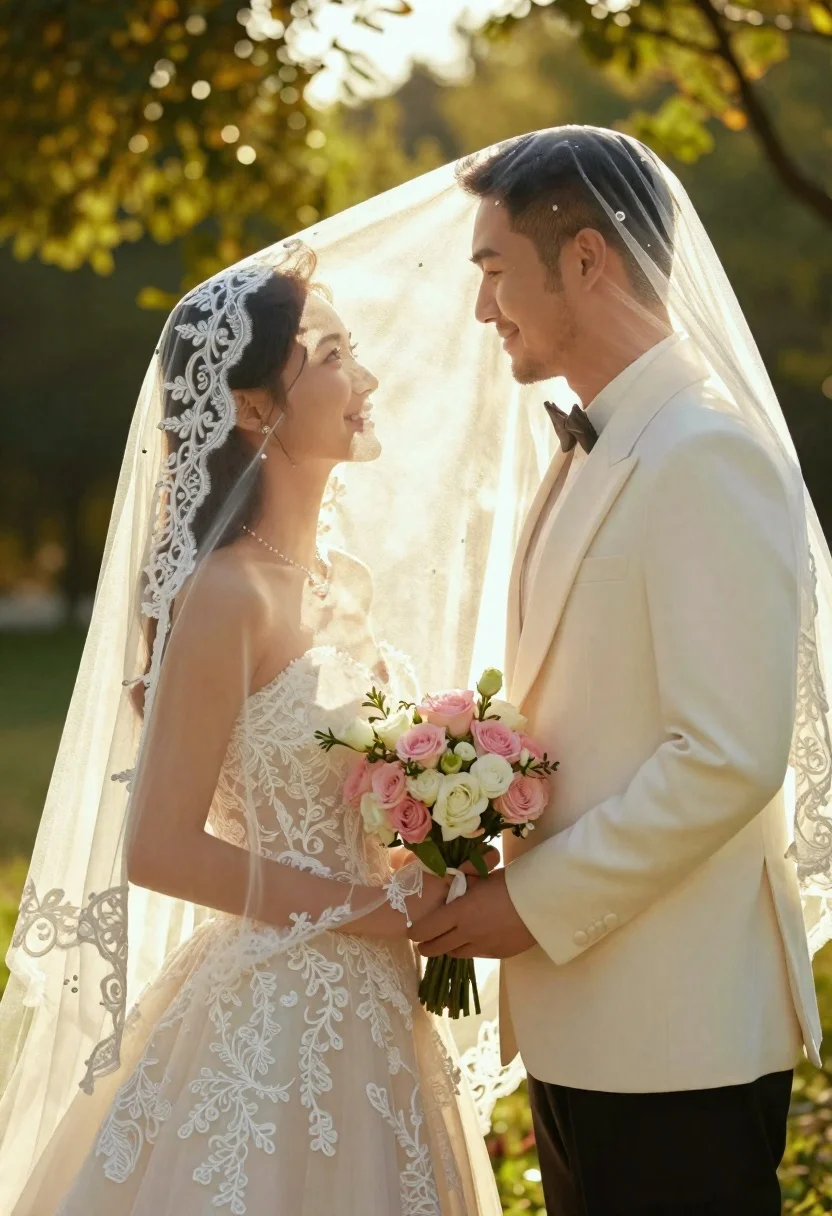 A romantic close-up of a bride and groom standing face-to-face under a sheer lace veil in a sunlit garden, with soft bokeh in the background.