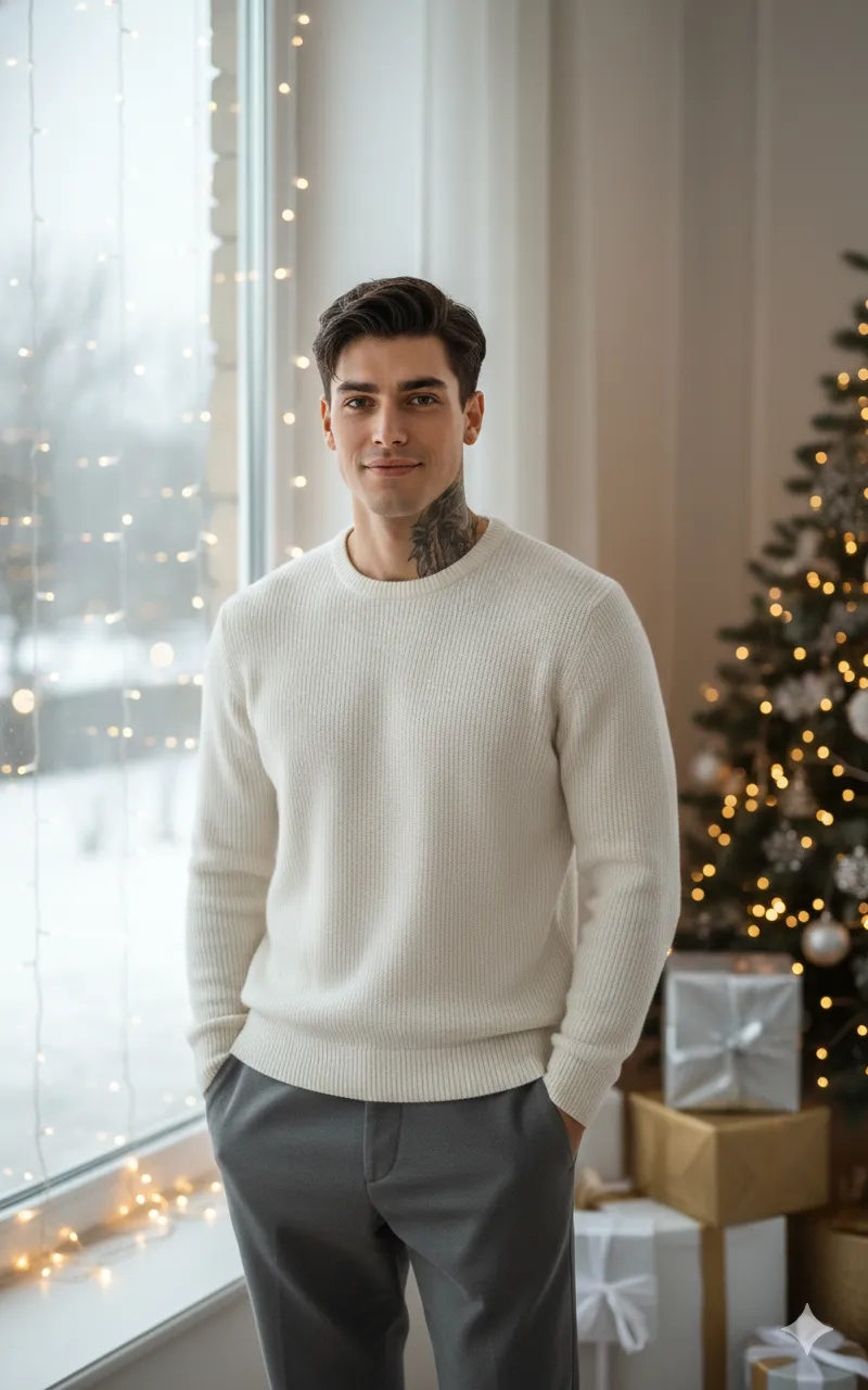 Ultra-realistic 8K portrait of a man in off-white cashmere, holding a steaming mug, with a softly blurred Christmas tree behind.