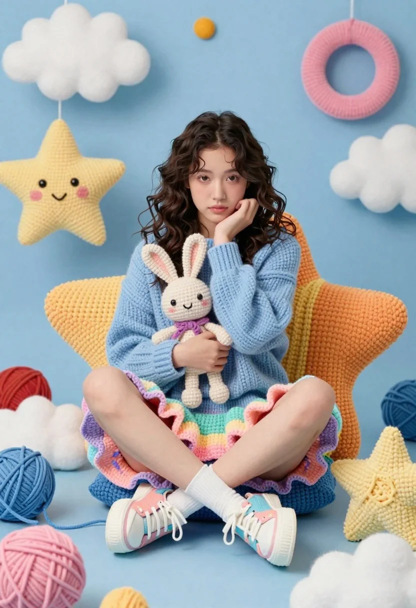 Young Woman Sits Whimsical Crocheted World Surrounded Giant Yarn Stars