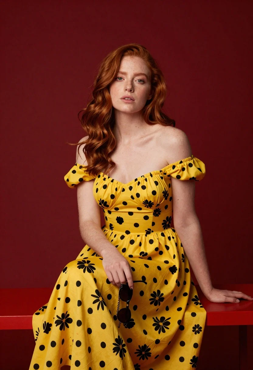 Woman With Wavy Red Hair Sits Gracefully Against Deep Red reference photo
