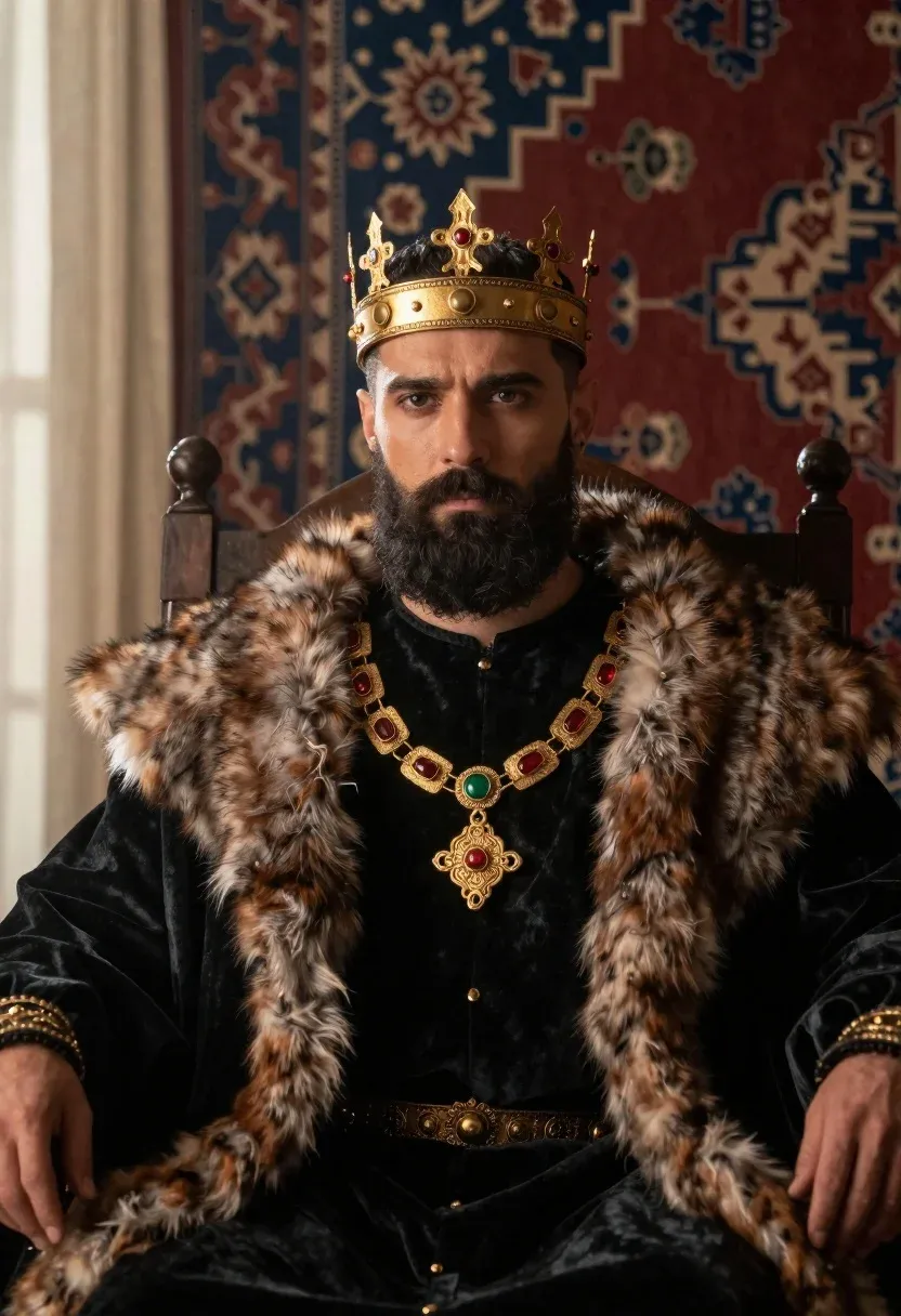 Solemn Man With Dark Beard Sits Regal Pose Wearing Ornate