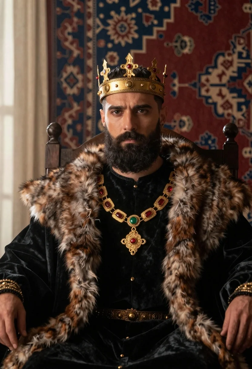A solemn man with a dark beard in a regal pose, wearing an ornate golden crown and jewelry, shot in soft natural light.
