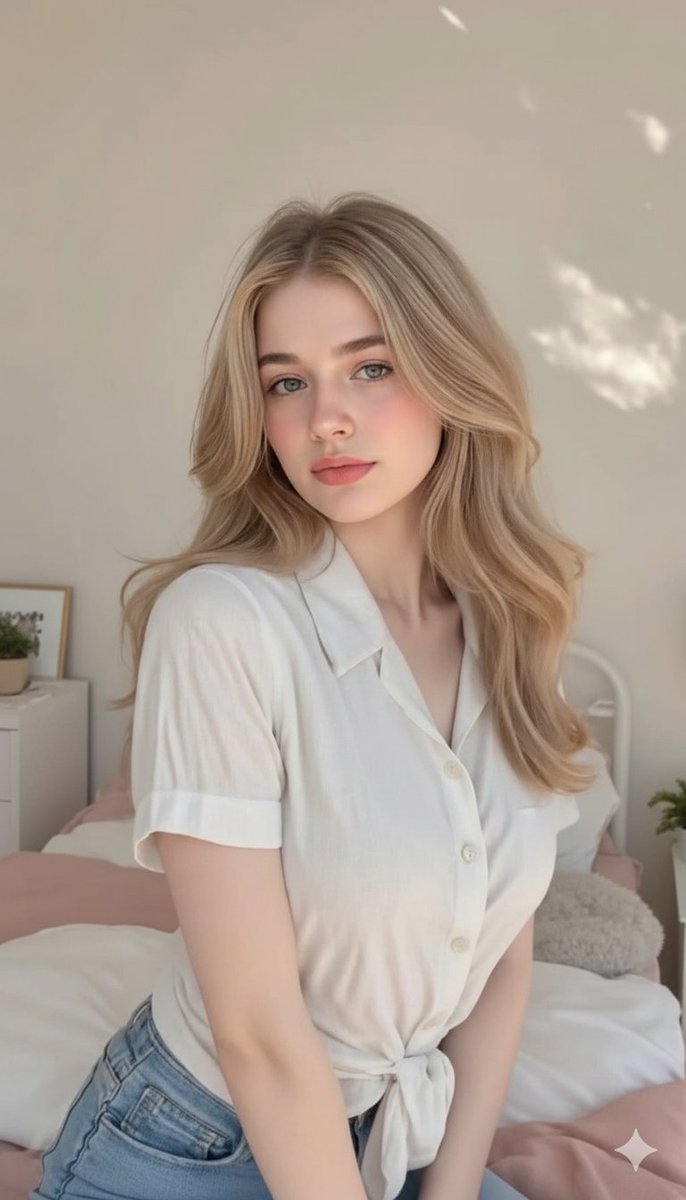 A young woman sitting on a neatly made bed in soft natural light, with flowing hair and a calm expression.