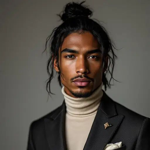 Chic studio portrait of a 27-year-old Native American man with copper-toned skin and long black hair wearing a tailored suit.