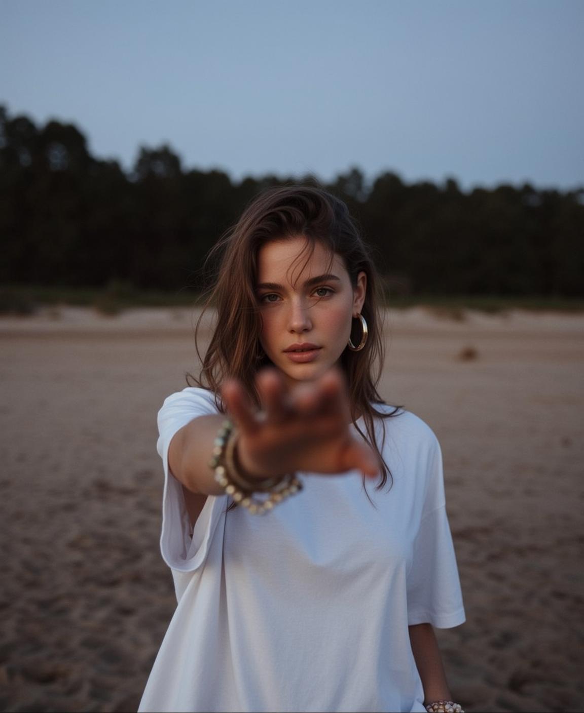 White Tee Bracelets Twilight Pose