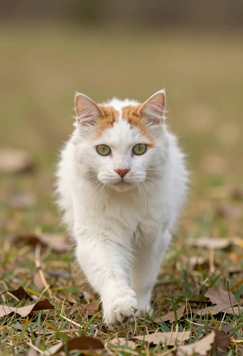 Fluffy White And Ginger Cat With Large Ears And Green