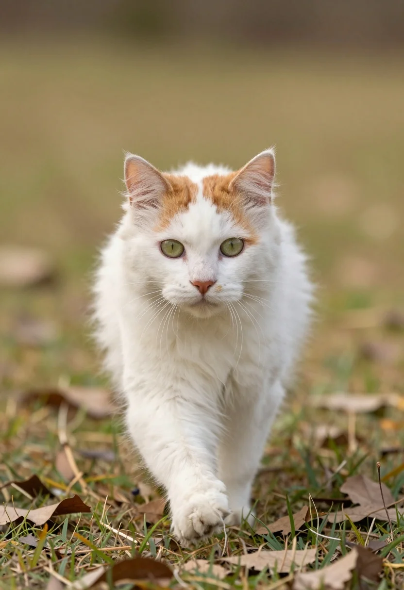 Fluffy White And Ginger Cat With Large Ears And Green