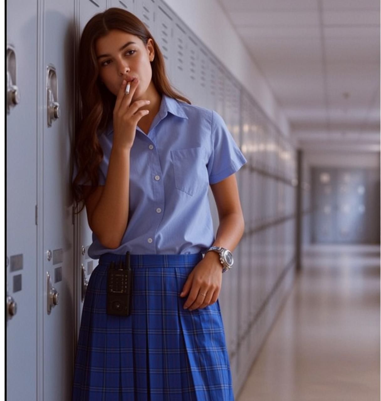 Button Up Shirt Plaid Skirt Walkman