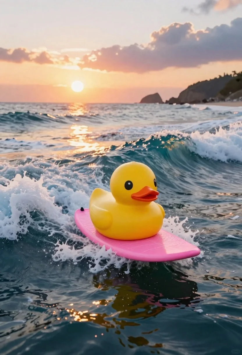 Vibrant Digital Illustration Yellow Rubber Duck Surfing Pink Waves Sunset reference photo