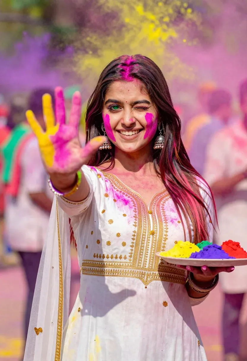 Joyful Young Woman With Long Dark Hair Streaked Pink Stands