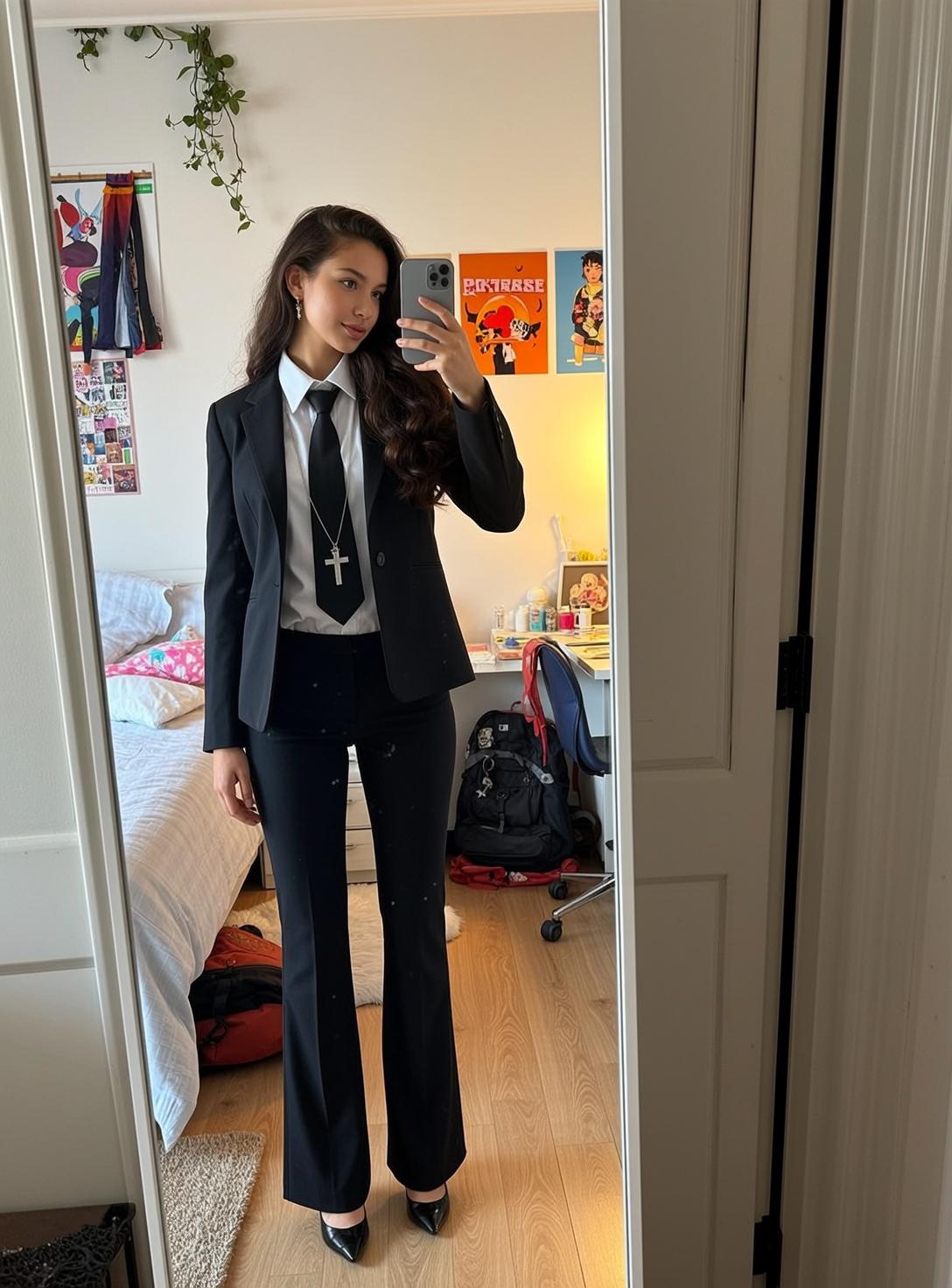 Black Blazer Wavy Hair Mirror Selfie