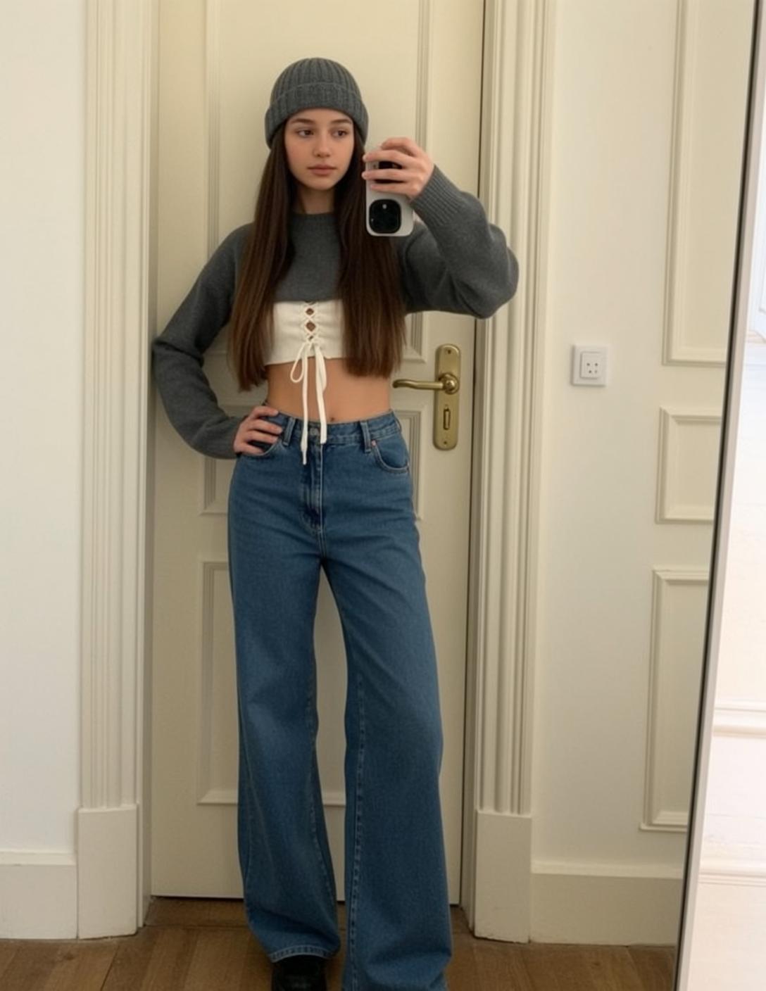 Acubi Young Stands Facing Mirror Taking Selfie
