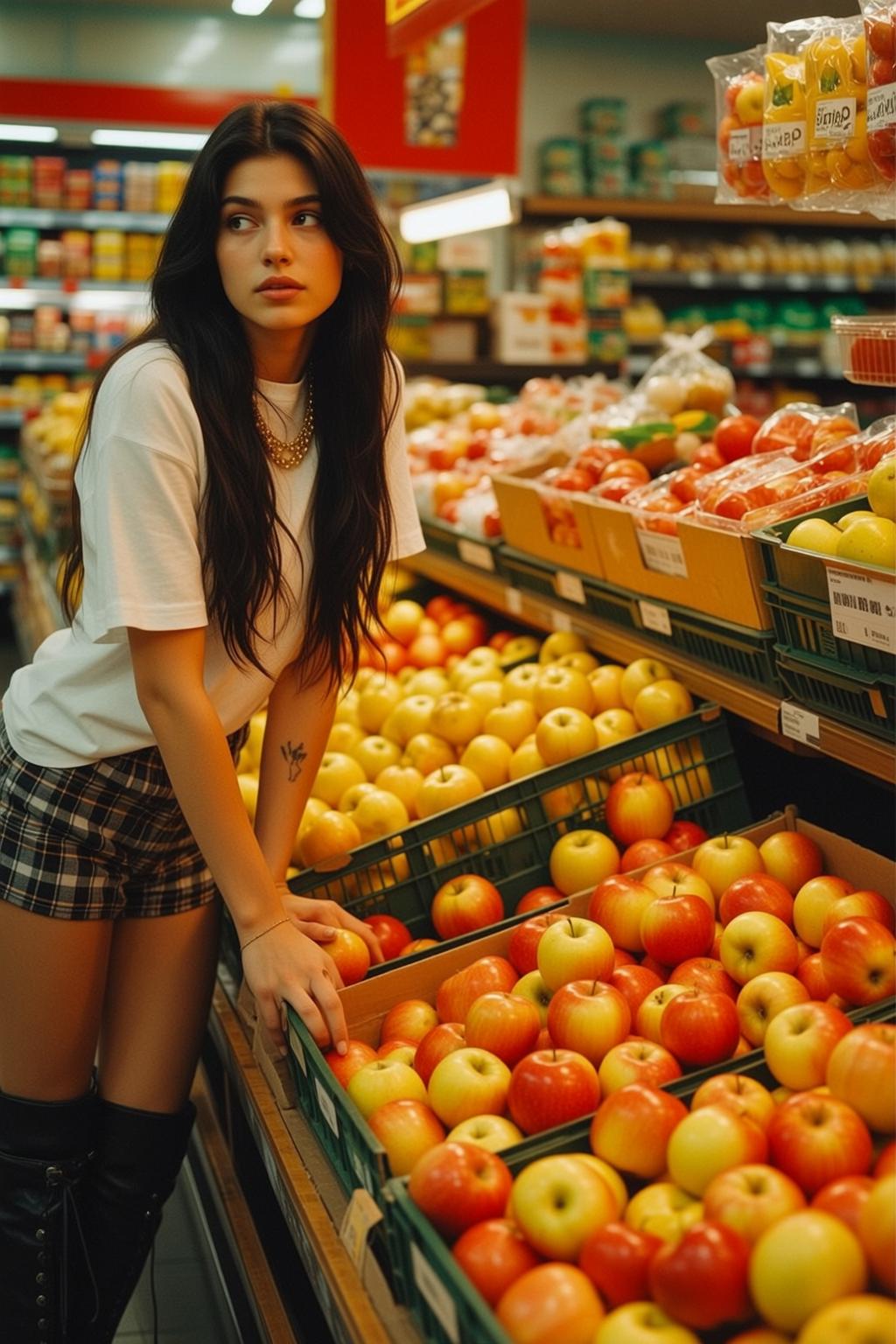 Woman In Grocery Store White T Shirt Plaid