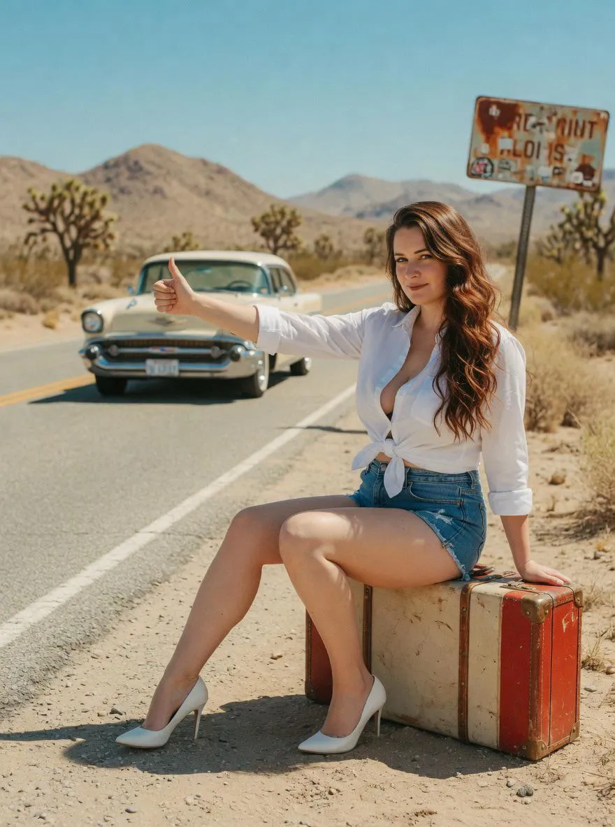 Desert Highway Hitchhiker With Vintage Suitcase And Classic Car