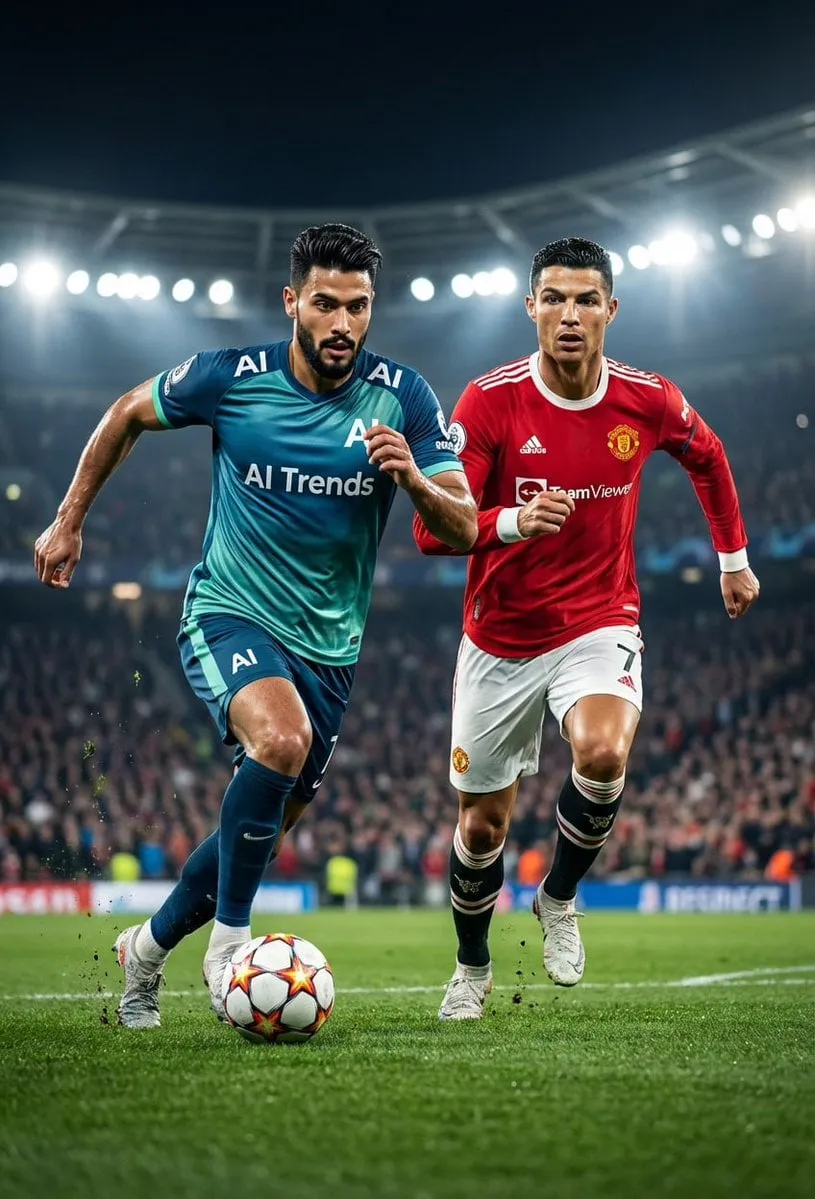 Football Player Dribbling On Pitch Blue Green Kit