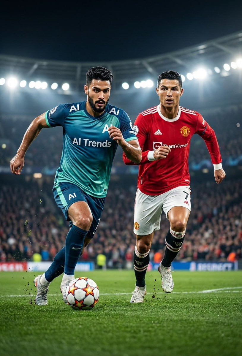 Football Player Dribbling On Pitch Blue Green Kit