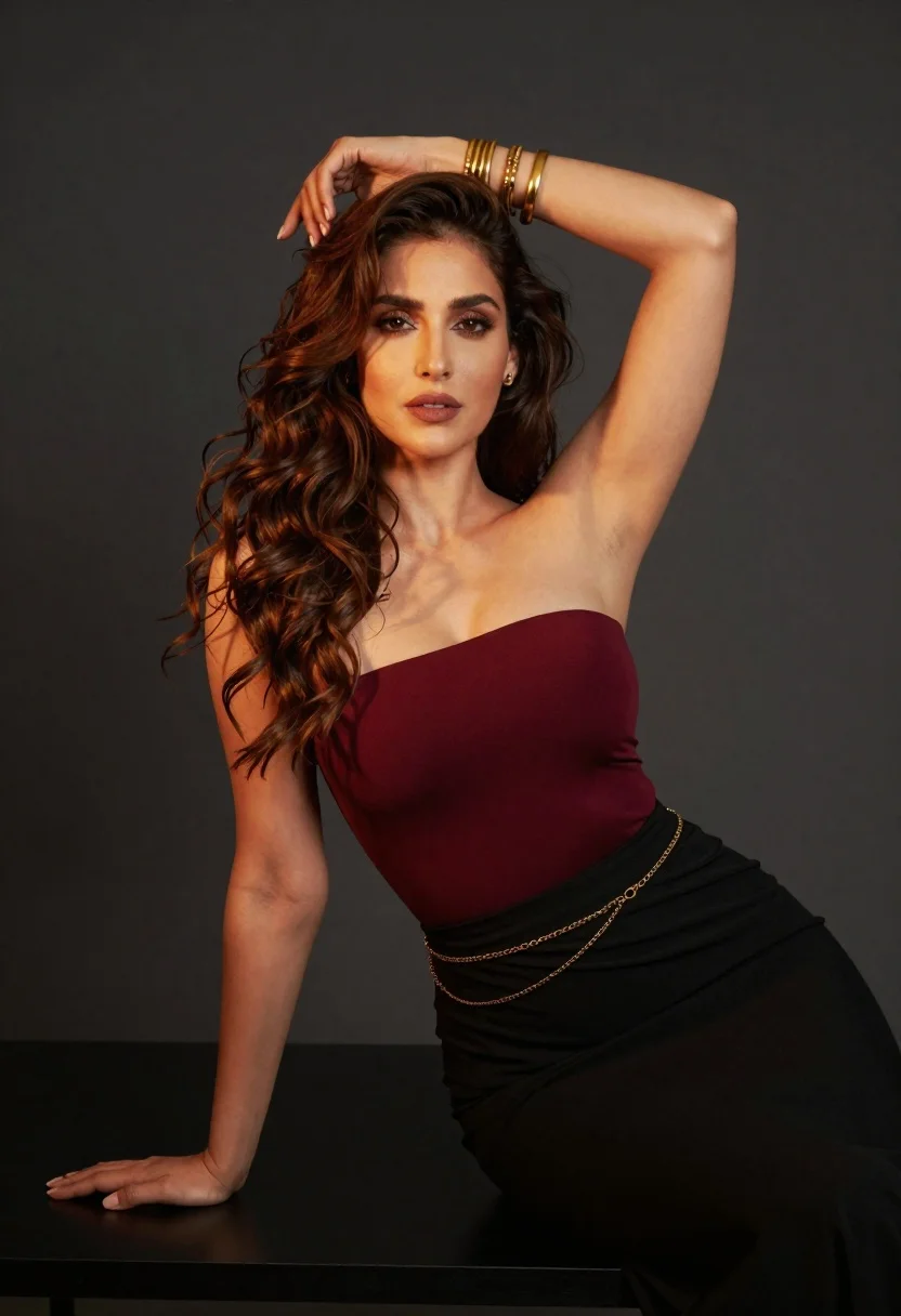 Confident Woman With Long Wavy Brown Hair Poses Against Plain reference photo