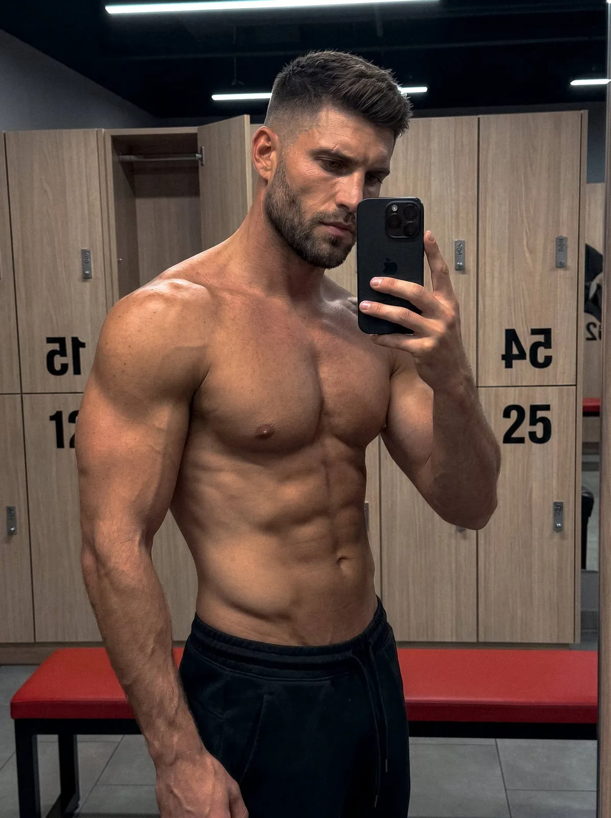 Muscular Man Beard Selfie Modern Gym Locker Room
