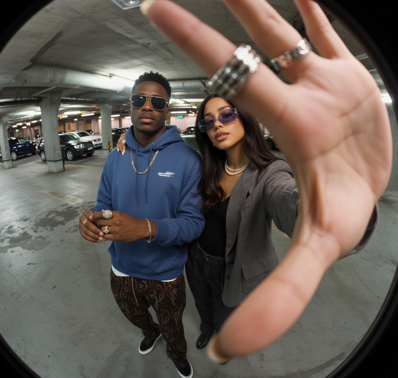 Parking Garage Couple Gold Chains Patterned Pants