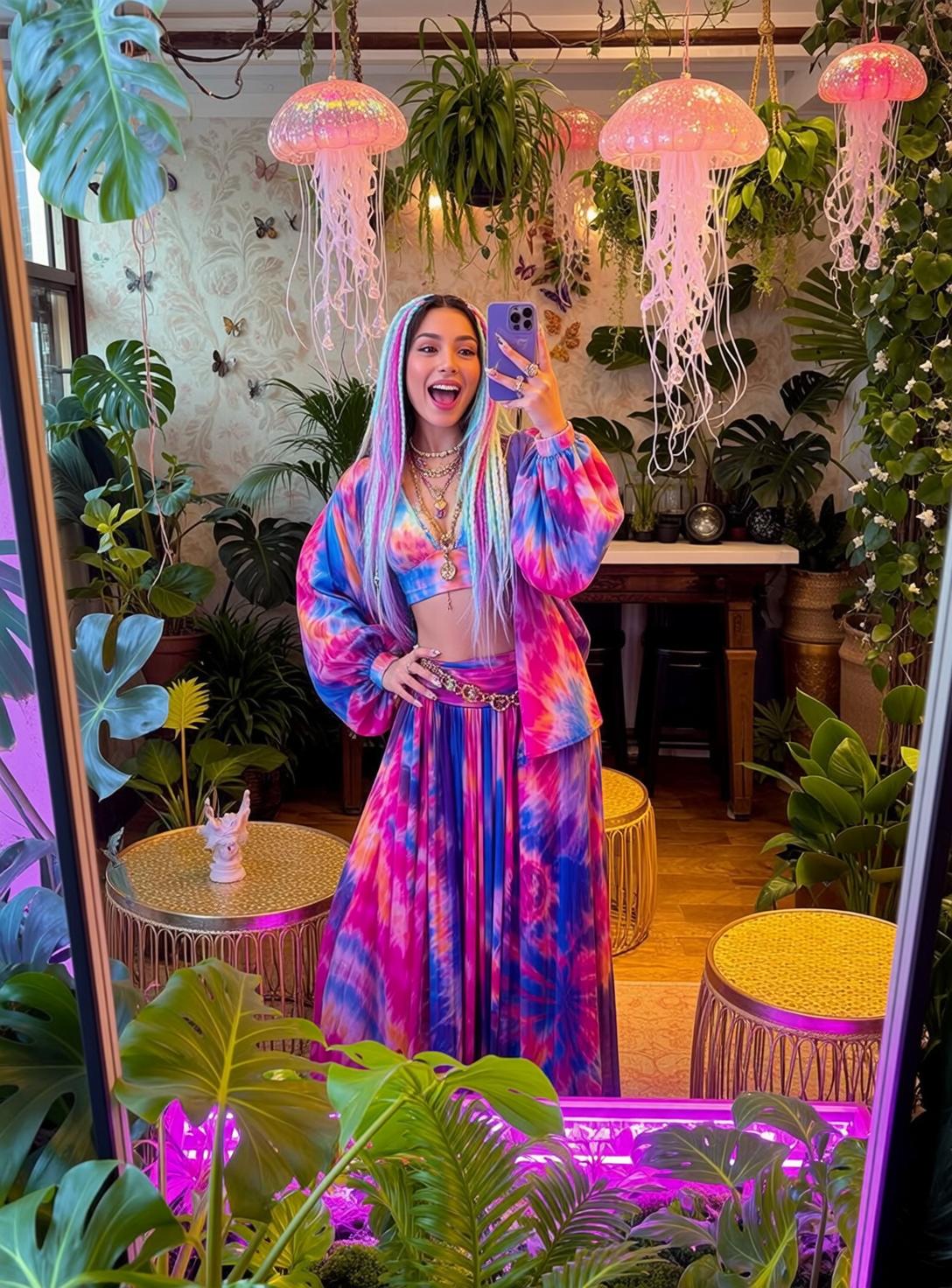Jungle Room Selfie Tie Dye Outfit Gold Jewelry
