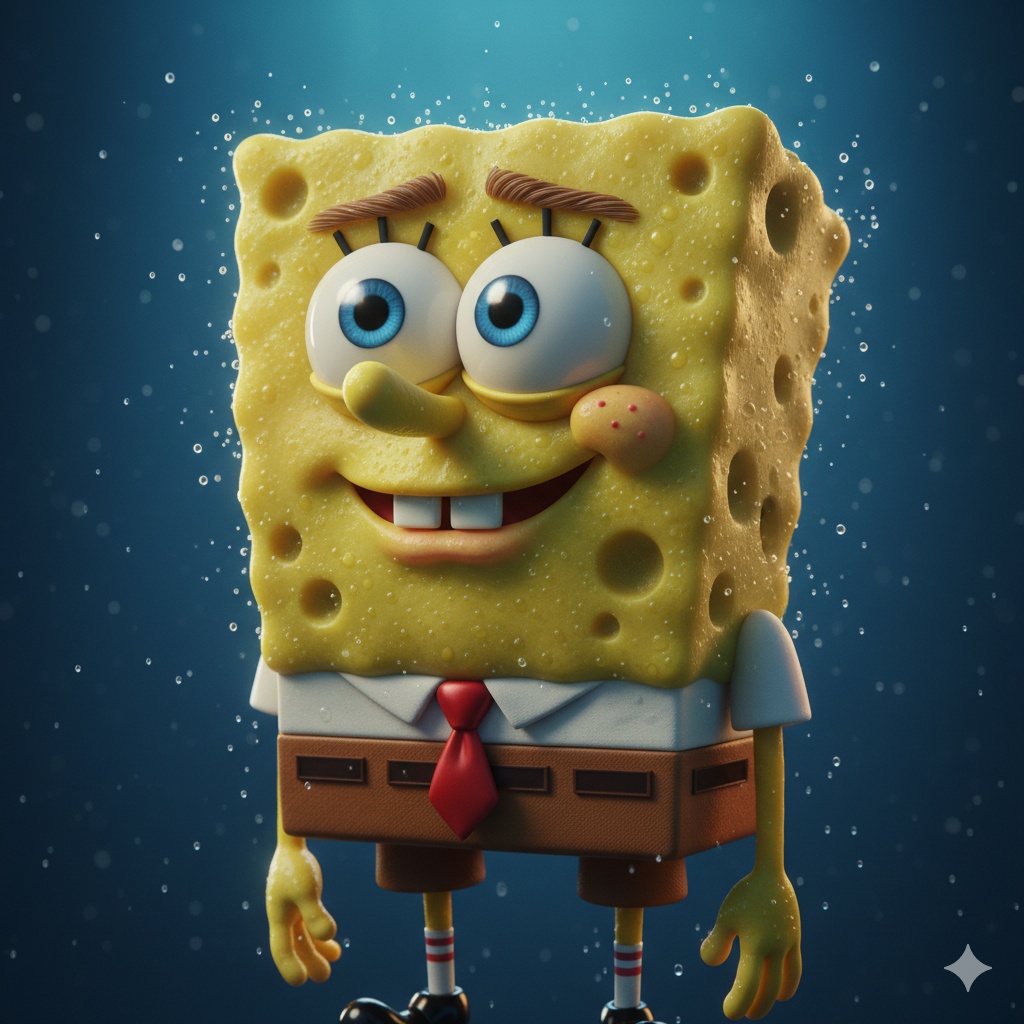 Retrato 3D hiper-realista de Bob Esponja em estilo Pixar, com textura de esponja marinha iluminada
