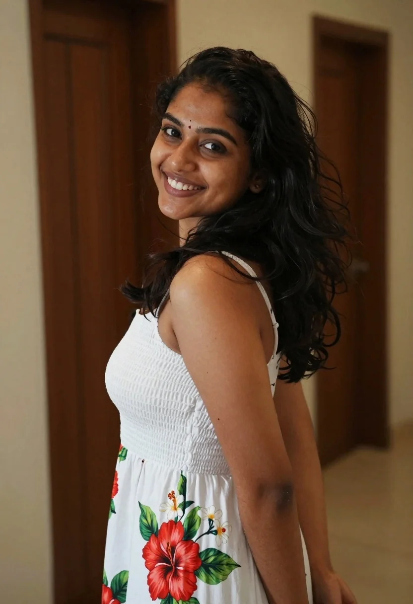 Smiling Young Woman With Long Dark Wavy Hair Turns Her reference photo