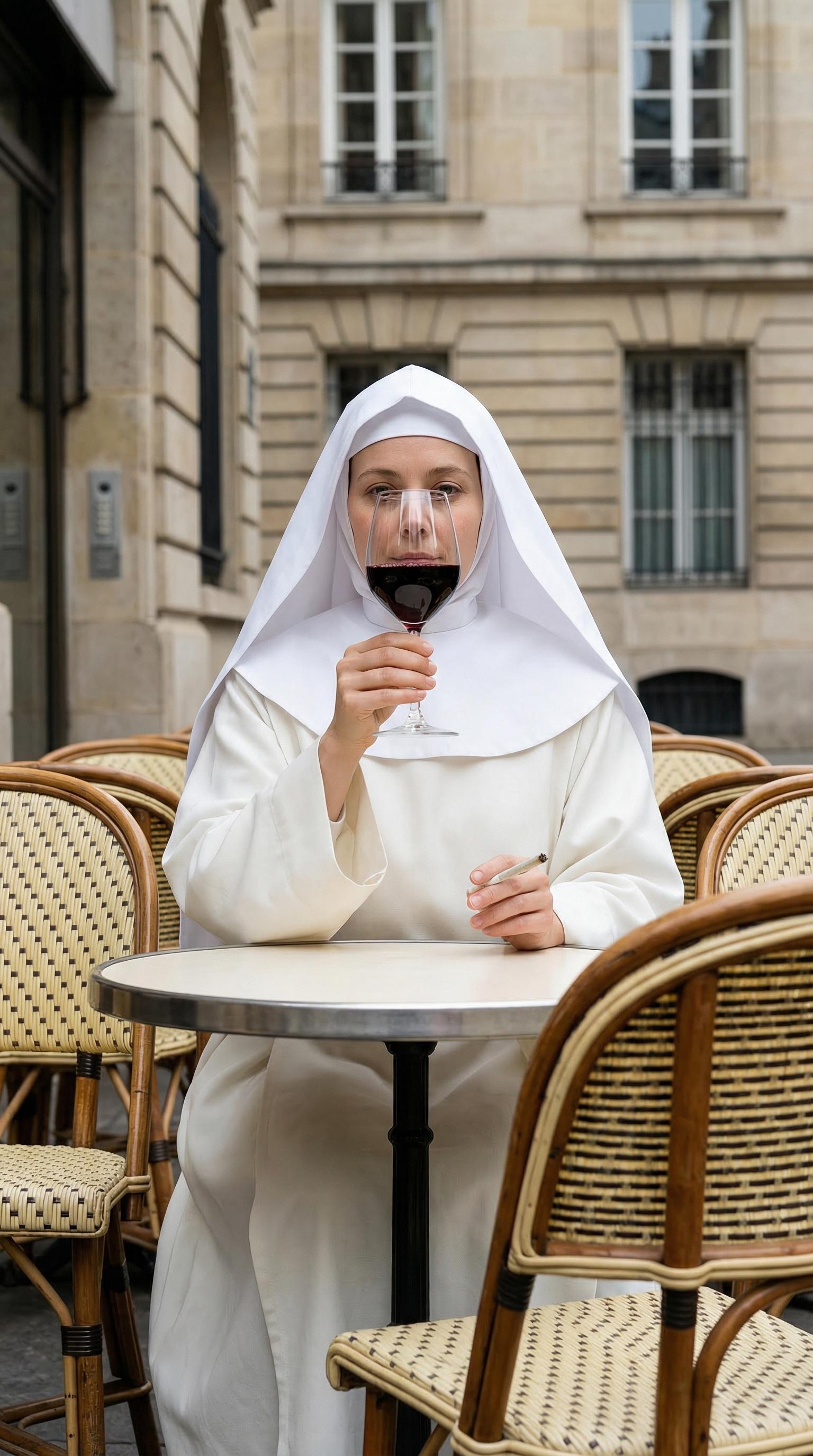 Monk Habit Woman Cafe Paris Wine Cigarette Serene