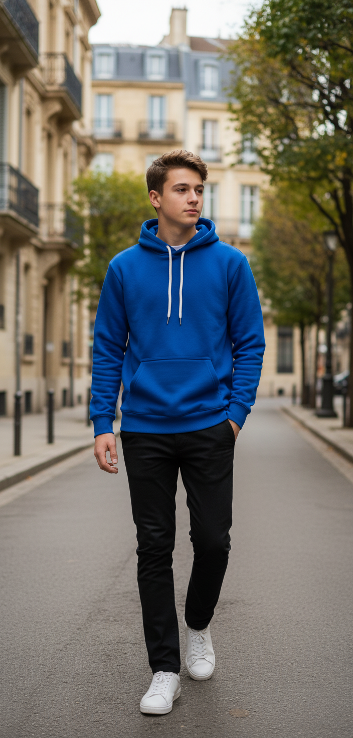 A confident teenager walks in a tree-lined street, wearing a royal blue hoodie and fitted black pants, with soft, diffused light around.