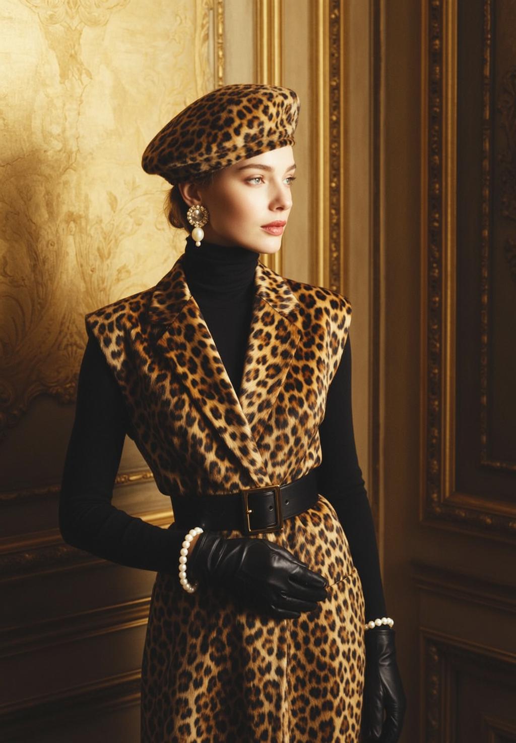 Blonde Woman Black Turtleneck Leopard Dress Gold Jewelry