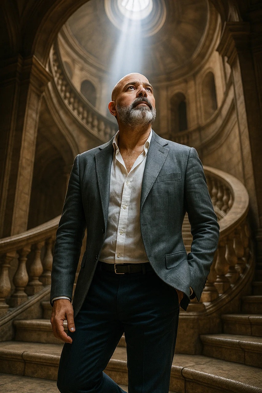 A dramatic portrait on an elegant spiral staircase, illuminated by soft natural light, showcasing a model in fashionable attire.
