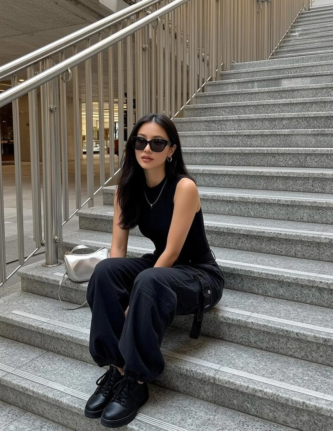 Sunglasses Earrings And Necklace In Staircase Portrait