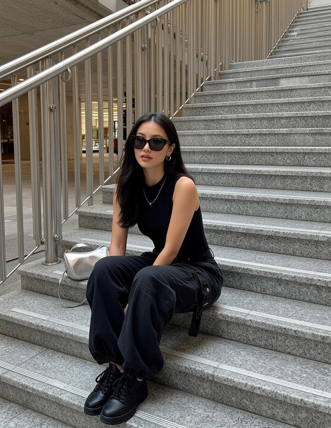 Sitting On Granite Stairs Black Tank Top Sunglasses