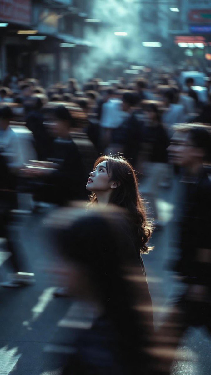 A young Indonesian woman with long wavy caramel brown hair stands still in a crowded city street, looking up quietly, surrounded by blurred motion.