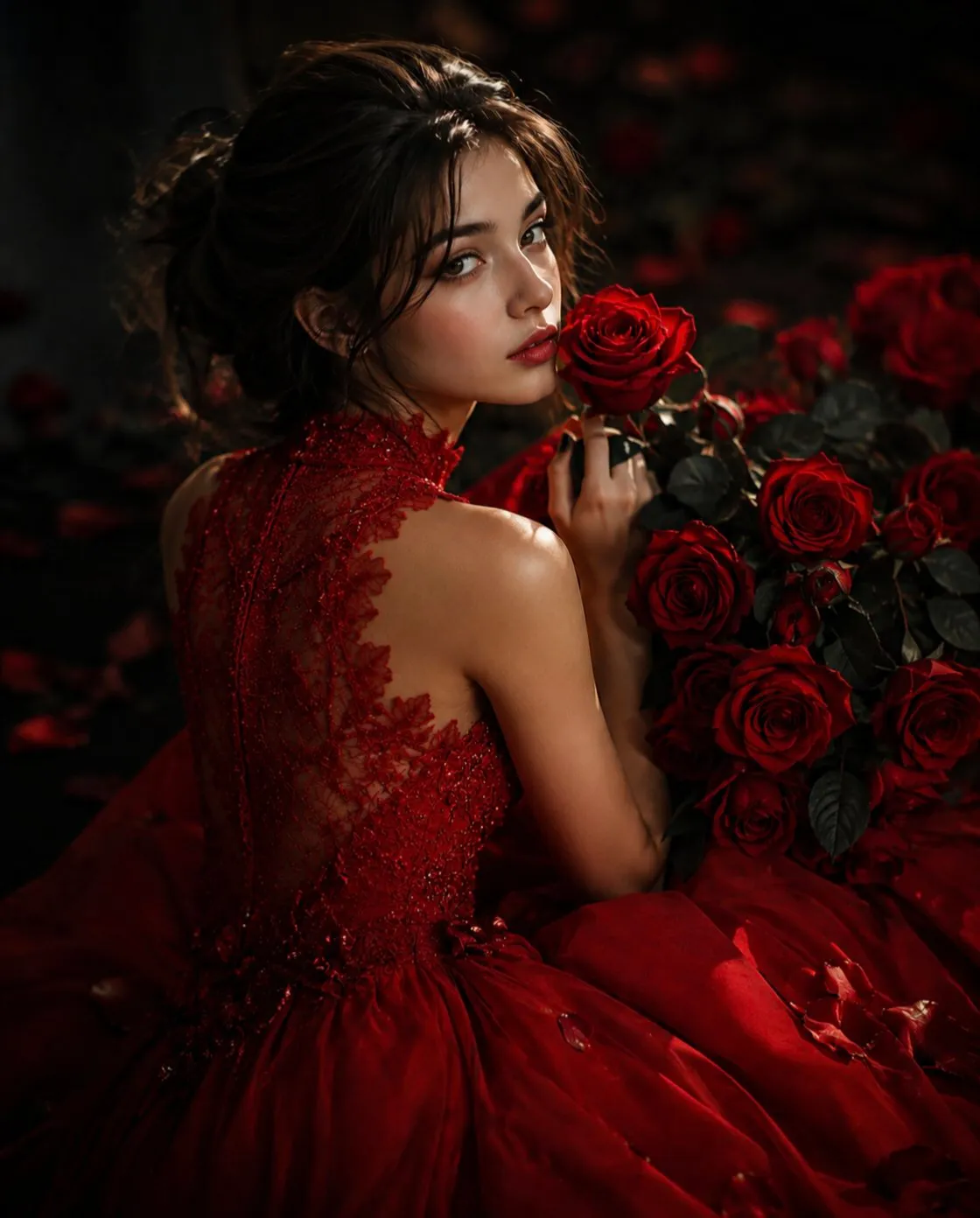 Crimson Lace Gown Dark Hair Roses Candlelight Portraits