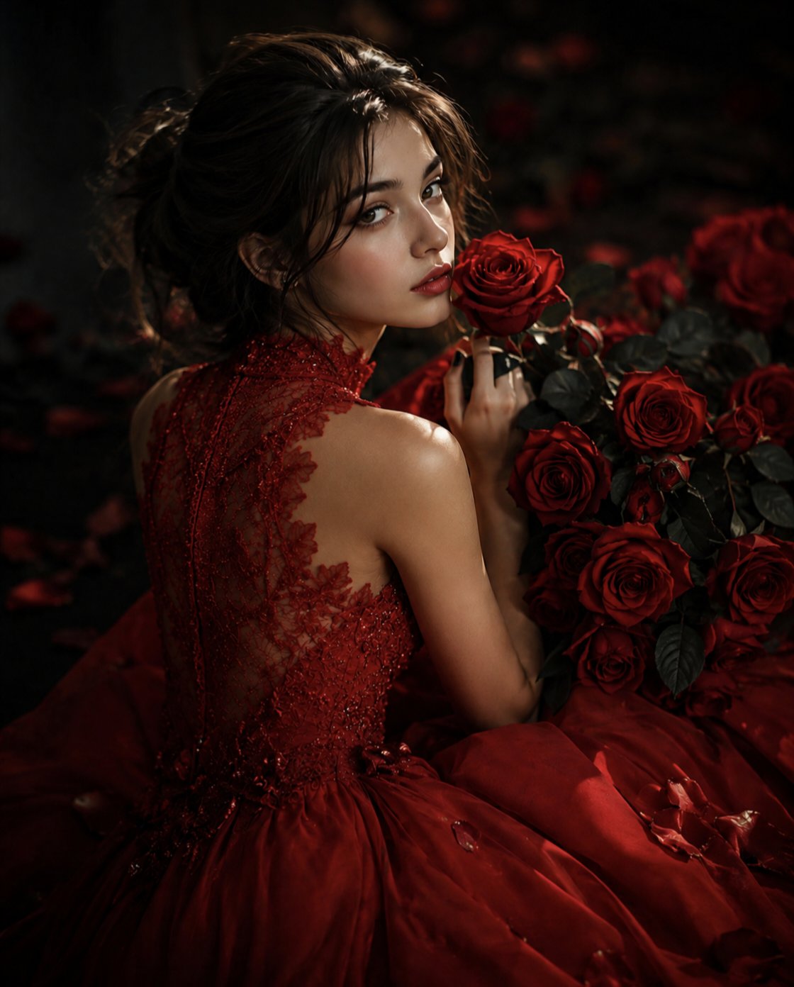 Crimson Lace Gown Dark Hair Roses Candlelight Portraits