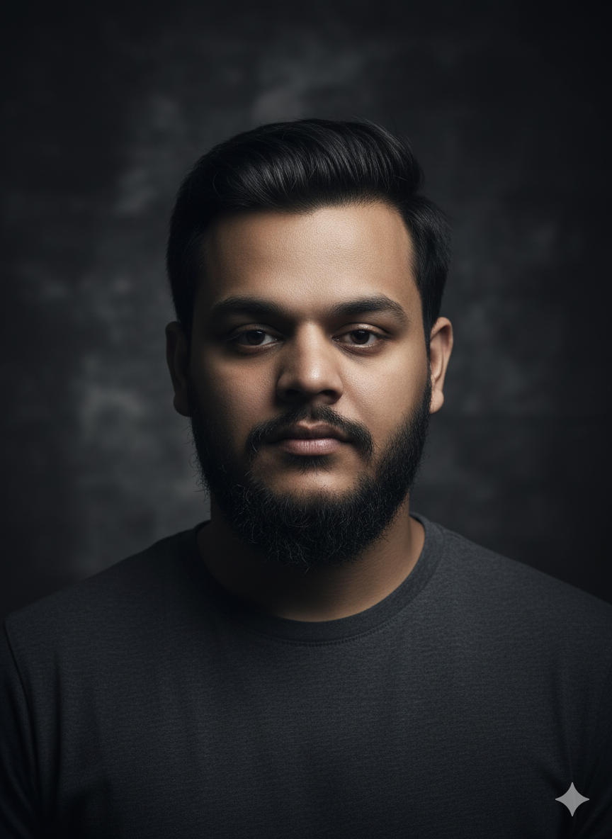 Realistic portrait of a person in a dark grey environment with cinematic lighting and smooth shadow transitions.