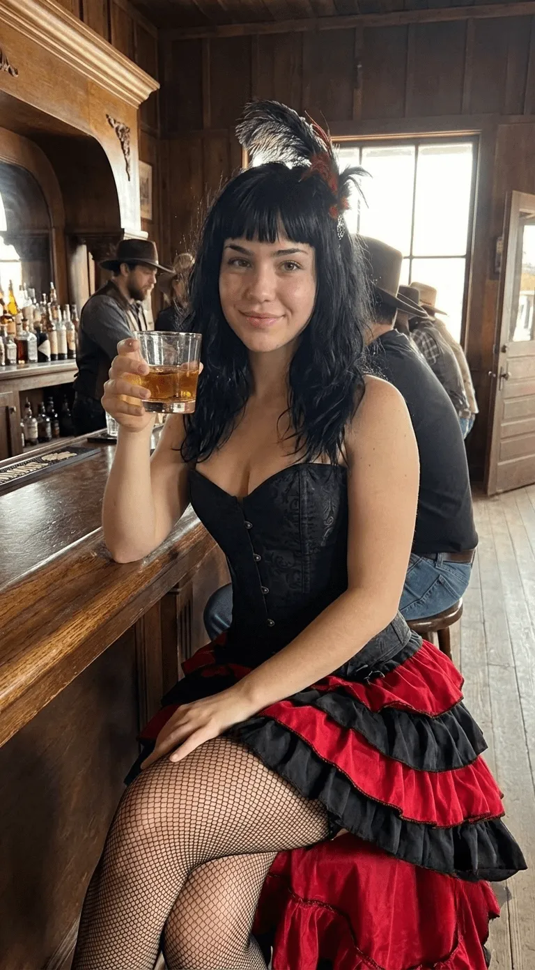 Rustic Saloon Bar Woman Amber Drink Feathered Hair