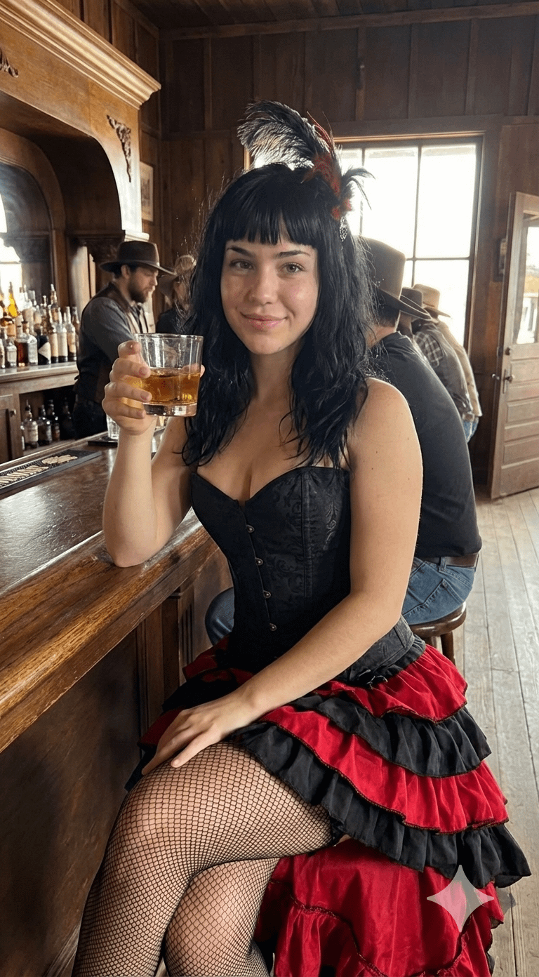 A woman with feathered hair, smiling at a rustic bar, holding an amber drink.