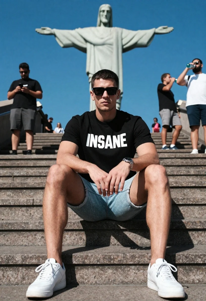 Photorealistic Portrait Young Man Sitting Wide Stone Stairs Front The reference photo